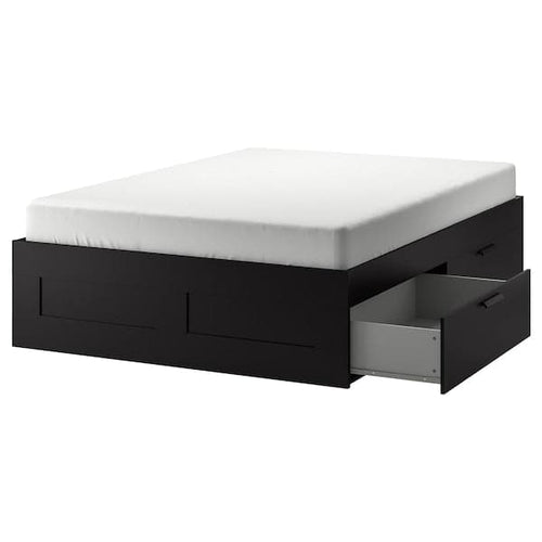 BRIMNES Bed frame with drawers, black / Lindbåden,140x200 cm , 140x200 cm