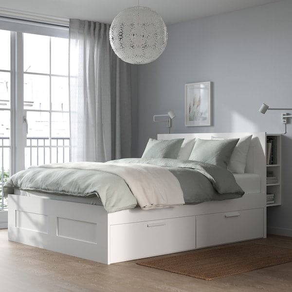 BRIMNES Bed frame / storage / headboard, white / Lindbåden,160x200 cm , - best price from Maltashopper.com 09494889