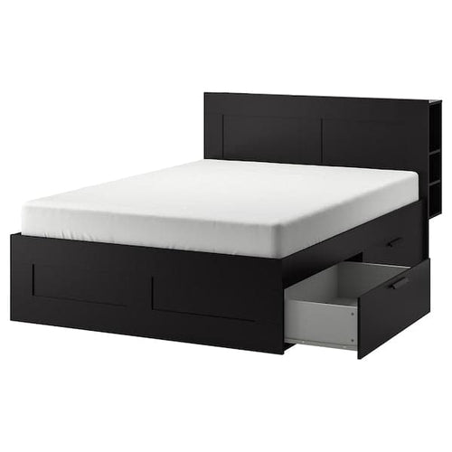 BRIMNES - Bed frame / storage / headboard, black / Lönset,160x200 cm