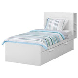 BRIMNES bed frame w storage and headboard, white/Lindbåden, 90x200 cm