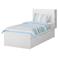 BRIMNES bed frame w storage and headboard, white/Lindbåden, 90x200 cm