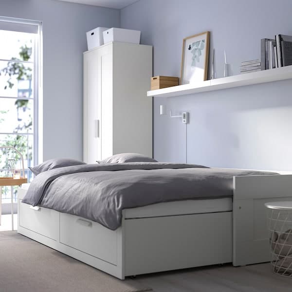BRIMNES bed frame with storage & headboard, black/Luröy, Queen - IKEA CA