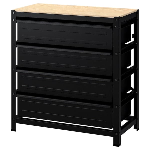 BROR - Work bench with drawers, black/pine plywood