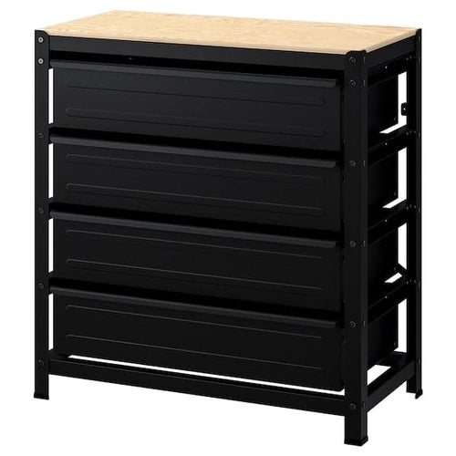 BROR - Work bench with drawers, black/pine plywood, 85x40x89 cm