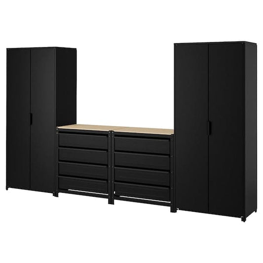 Ikea BROR - Storage with cabinet/work bench, black/pine plywood, 340x40x191 cm