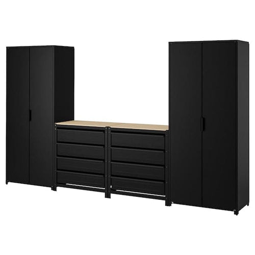 BROR - Storage with cabinet/work bench, black/pine plywood, 340x40x191 cm