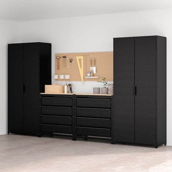 Ikea BROR - Storage with cabinet/work bench, black/pine plywood, 340x40x191 cm