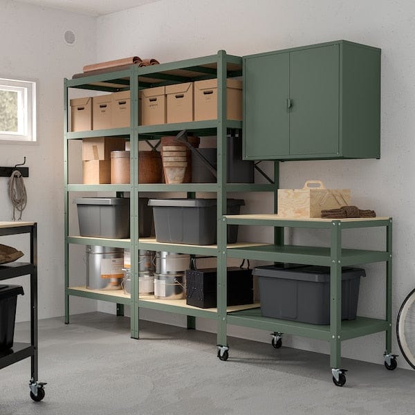 BROR - Storage w shelves/cabinet/trolley, grey-green/pine plywood