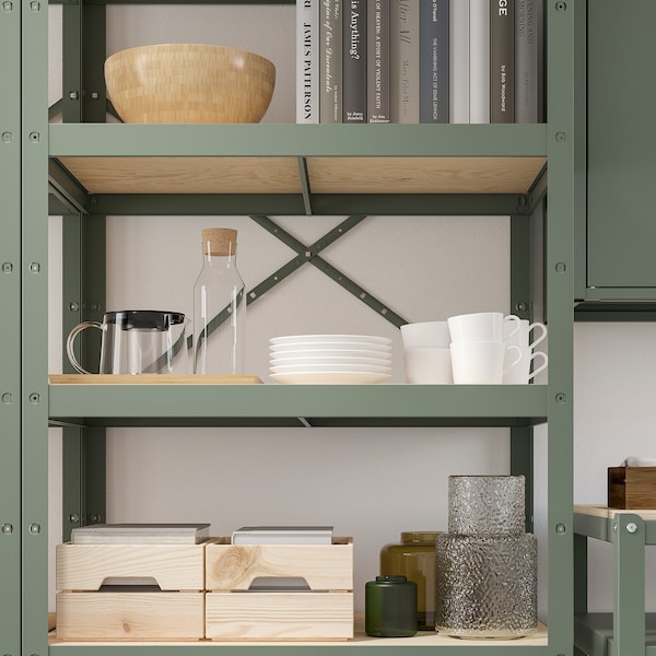 BROR - Storage w shelves/cabinet/trolley, grey-green/pine plywood
