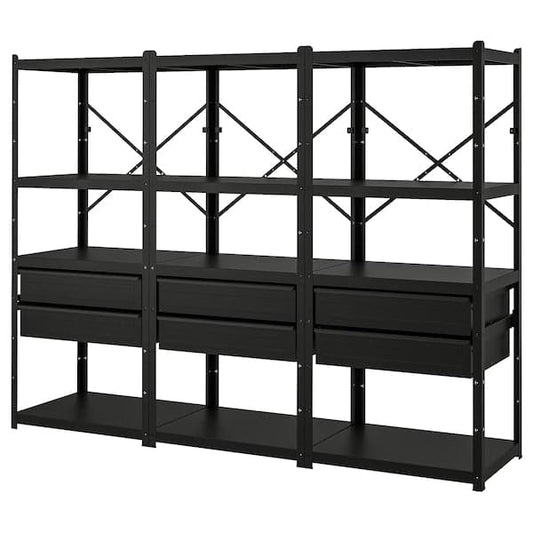 Ikea BROR - Shelving unit with drawers/shelves, black, 254x55x190 cm