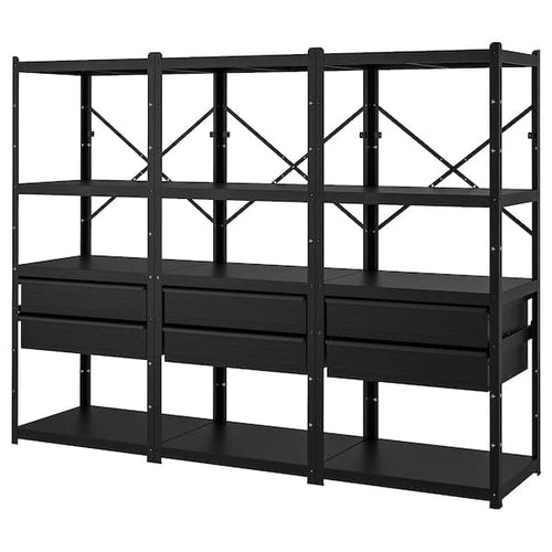 BROR - Shelving unit with drawers/shelves, black, 254x55x190 cm