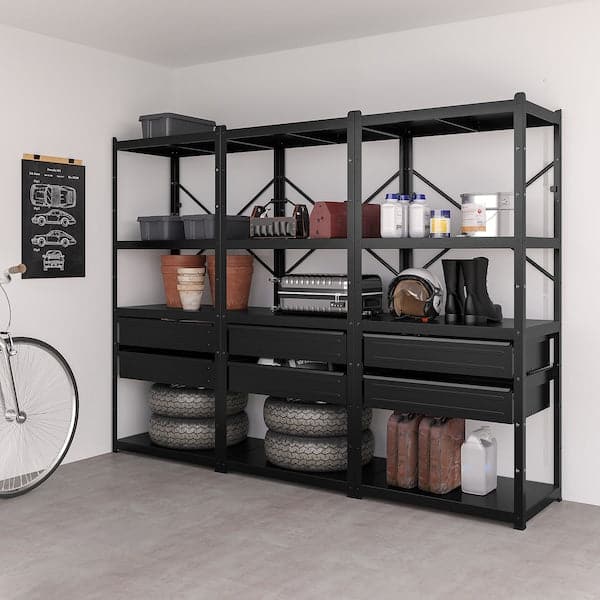 BROR - Shelving unit with drawers/shelves, black, 254x55x190 cm - best price from Maltashopper.com 19495096