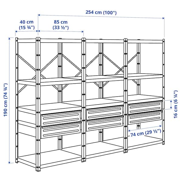 Ikea BROR - Shelving unit with drawers/shelves, black, 254x40x190 cm