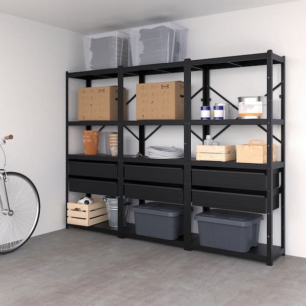 BROR - Shelving unit with drawers/shelves, black, 254x40x190 cm