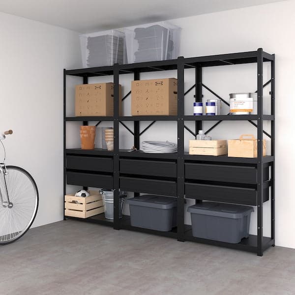 Ikea BROR - Shelving unit with drawers/shelves, black, 254x40x190 cm