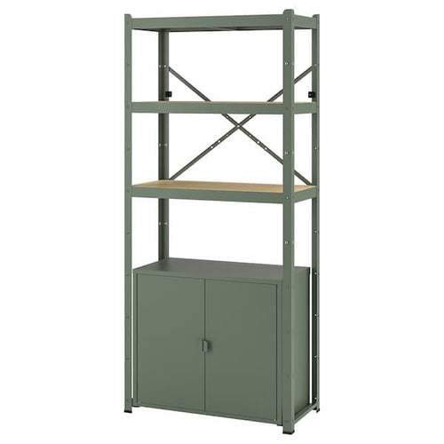 BROR - Shelving unit with cabinet, grey-green/pine plywood, 85x40x190 cm