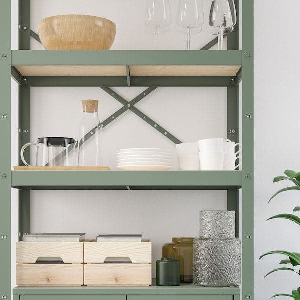 Ikea BROR - Shelving unit with cabinet, grey-green/pine plywood, 85x40x190 cm