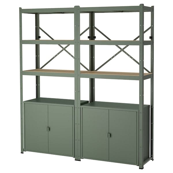 BROR - Shelving unit with cabinets, grey-green/pine plywood, 170x40x190 cm - best price from Maltashopper.com 09516141