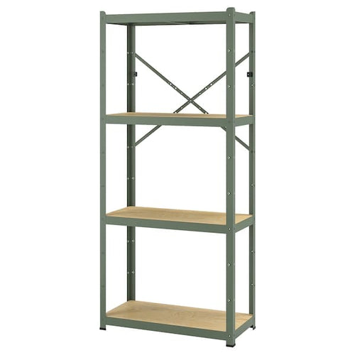 BROR - Shelving unit, grey-green/pine plywood, 85x40x190 cm