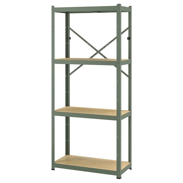 BROR - Shelving unit, grey-green/pine plywood, 85x40x190 cm