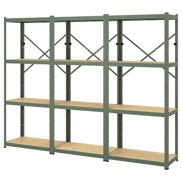 BROR - Shelving unit, grey-green/pine plywood, 254x40x190 cm - best price from Maltashopper.com 49516144