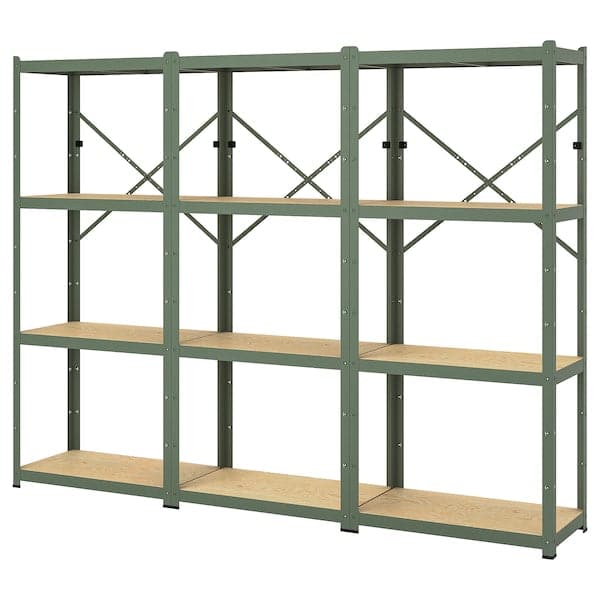 Ikea BROR - Shelving unit, grey-green/pine plywood, 254x40x190 cm
