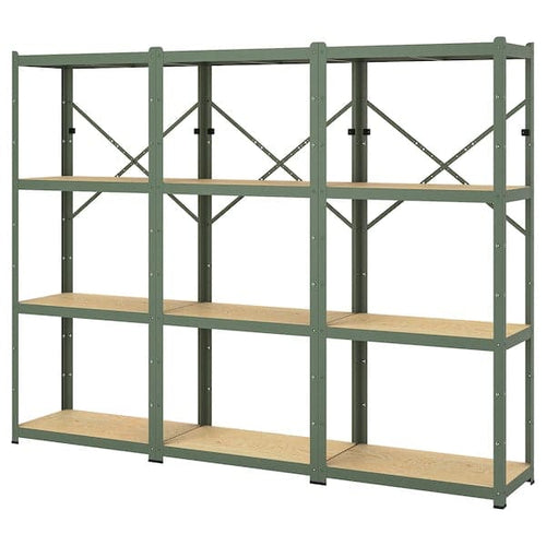 BROR - Shelving unit, grey-green/pine plywood, 254x40x190 cm