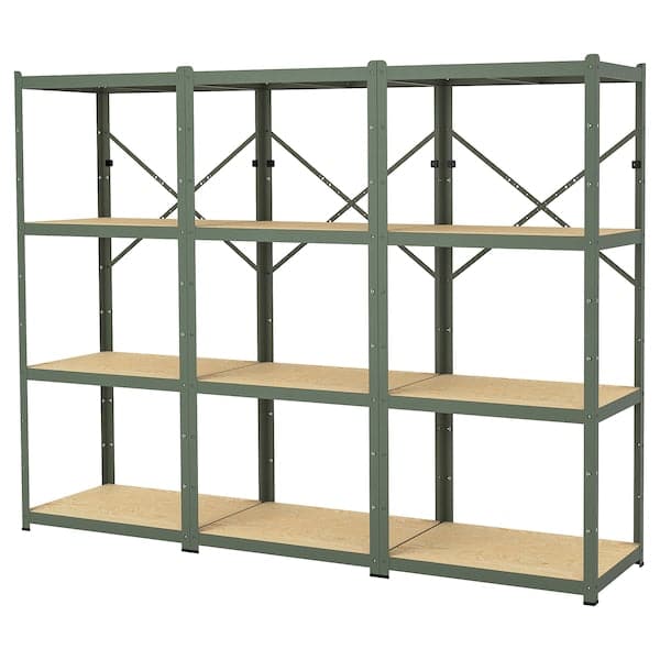 BROR - Shelving unit, grey-green/pine plywood, 254x55x190 cm