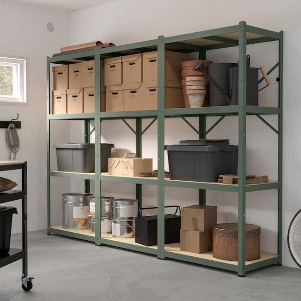 Ikea BROR - Shelving unit, grey-green/pine plywood, 254x55x190 cm