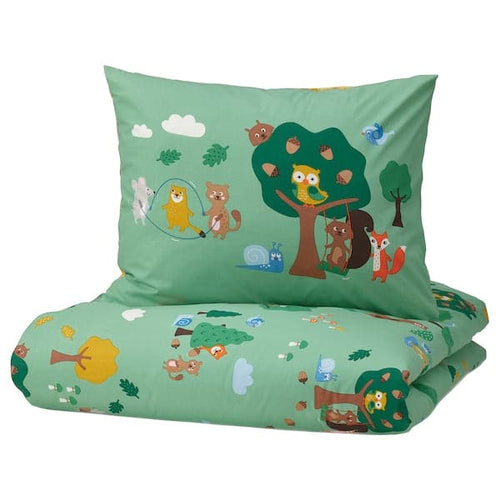 BRUMMIG - Duvet cover and pillowcase, forest animal pattern/multicolour, 150x200/50x80 cm