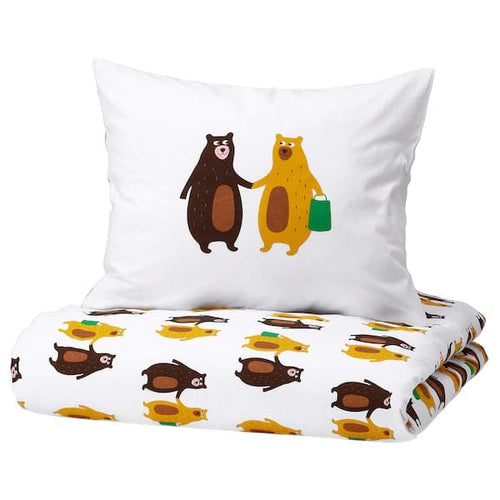 BRUMMIG - Duvet cover and pillowcase, bear pattern yellow/brown, 150x200/50x80 cm