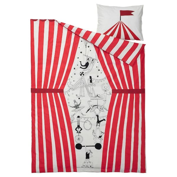 BUSENKEL - Duvet cover and pillowcase, circus pattern red/white, 150x200/50x80 cm - best price from Maltashopper.com 00517828