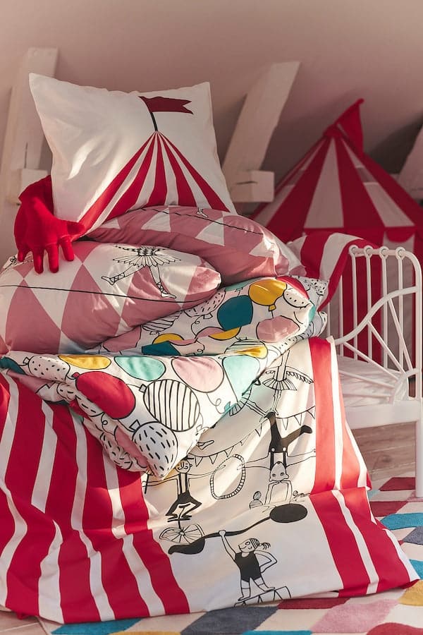 Ikea BUSENKEL - Duvet cover and pillowcase, circus pattern red/white, 150x200/50x80 cm