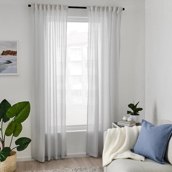 BYMOTT Curtains, 1 pair - white/light grey striped 120x300 cm , 120x300 cm - best price from Maltashopper.com 30466686