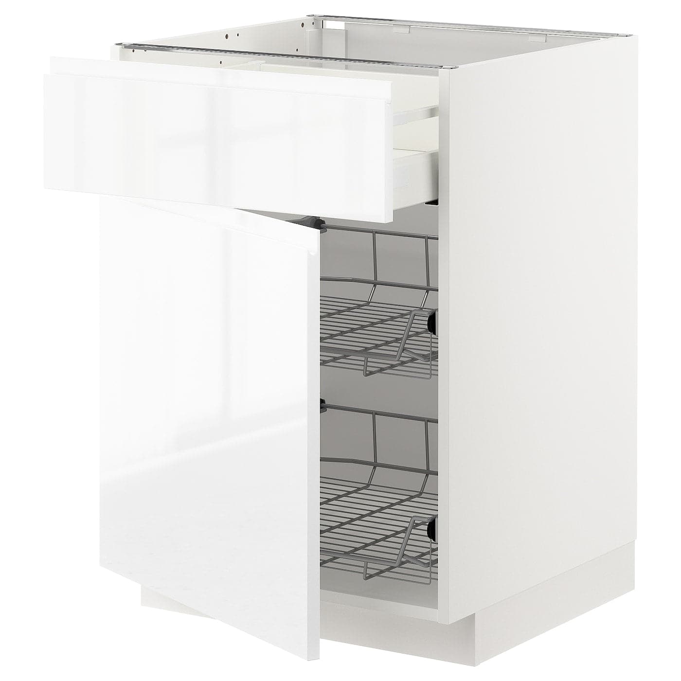 METOD / MAXIMERA - Base cab w wire basket/drawer/door, white/Voxtorp high-gloss/white