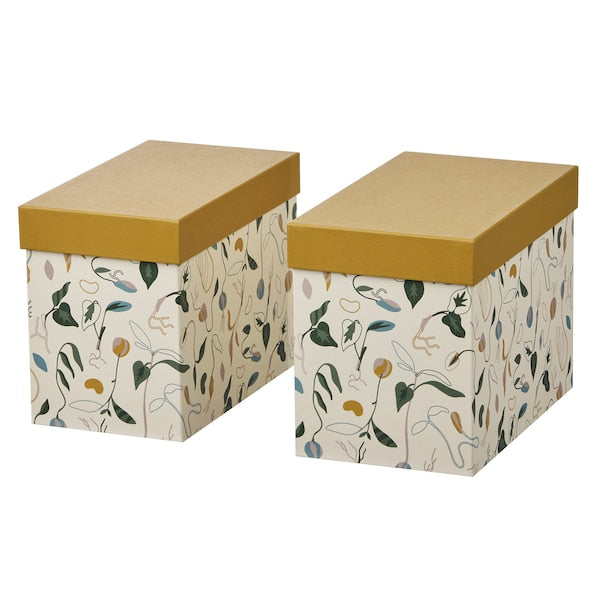 DAKSJUS - Set of 2 boxes with lid, off-white/yellow-brown sprout motif - best price from Maltashopper.com 40567048
