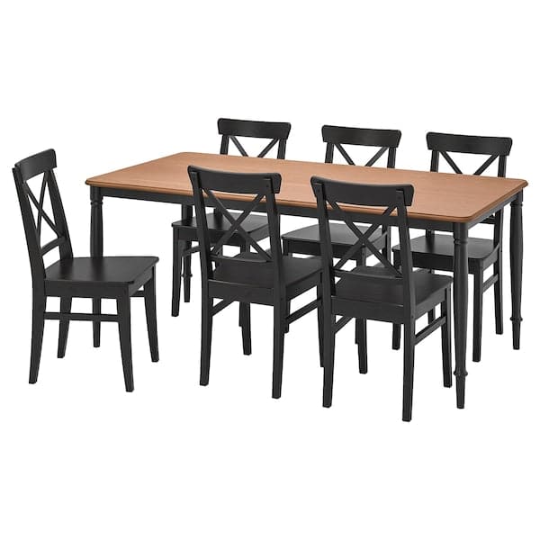 DANDERYD / INGOLF Table and 6 chairs, black / brown-black pine veneer,180x90 cm