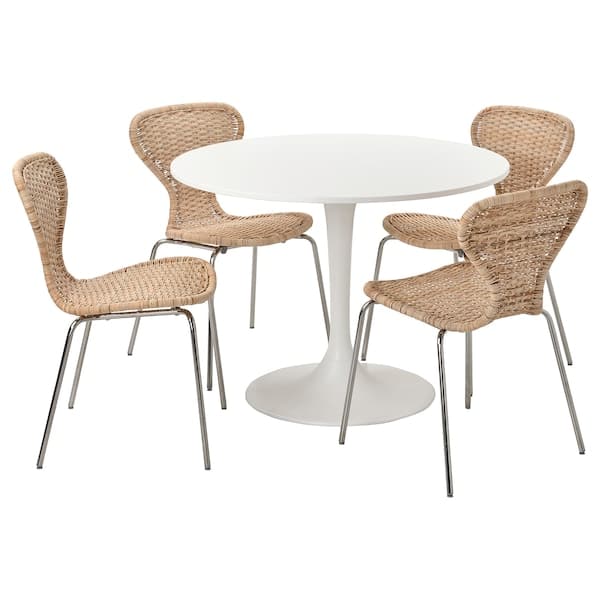 Ikea DOCKSTA / ÄLVSTA - Table and 4 chairs, white white/rattan chrome-plated, 103 cm