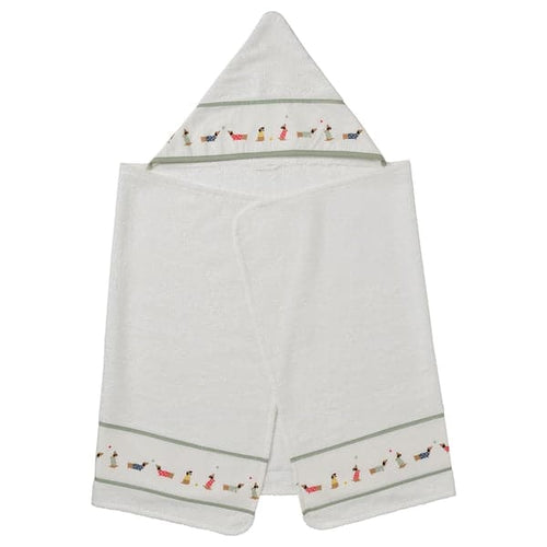 DRÖMSLOTT - Baby towel with hood, puppy pattern/white, 60x125 cm