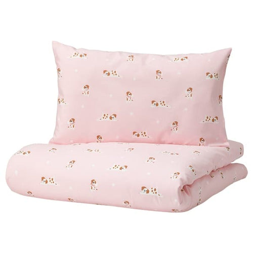 DRÖMSLOTT - Duvet cover 1 pillowcase for cot, puppy pattern/pink, 110x125/35x55 cm