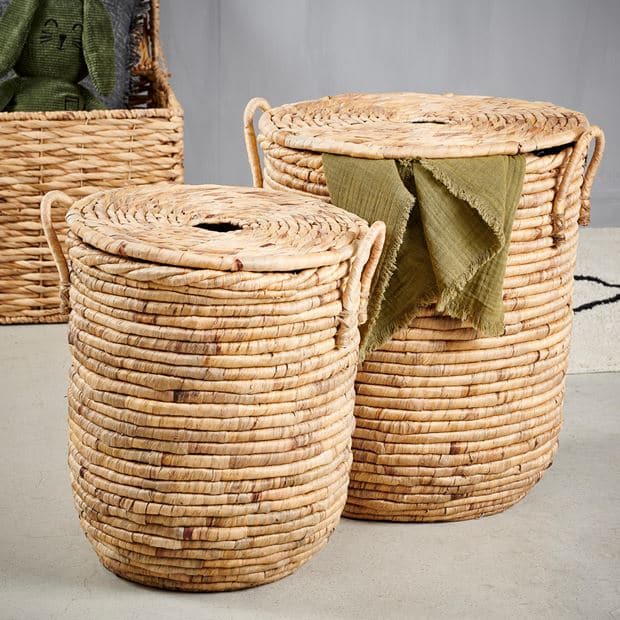 MILEY Laundry basket with lid and natural handles H 45 cm - Ø 39 cm - best price from Maltashopper.com CS648683