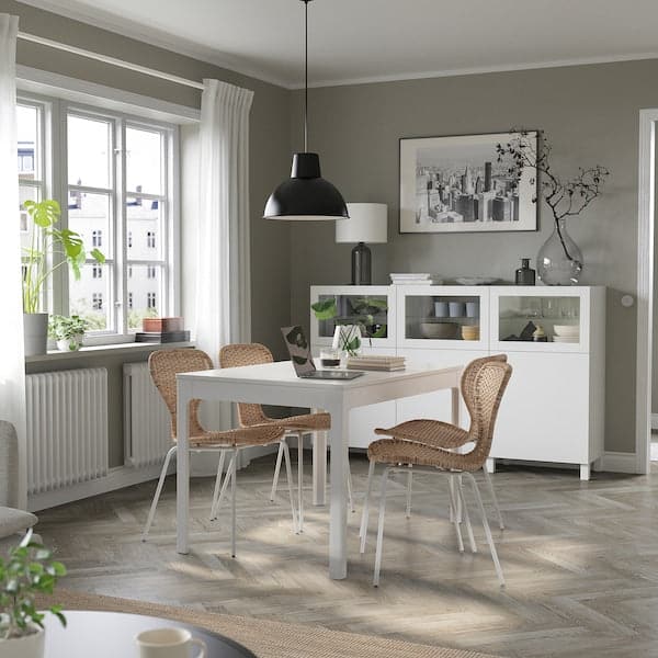 EKEDALEN / ÄLVSTA - Table and 4 chairs, white/rattan white, 120/180x80 cm - best price from Maltashopper.com 09481580