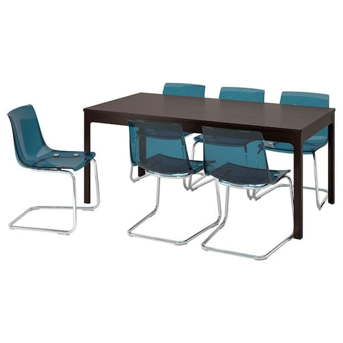 EKEDALEN / TOBIAS - Table and 6 chairs, dark brown/blue , 180/240 cm