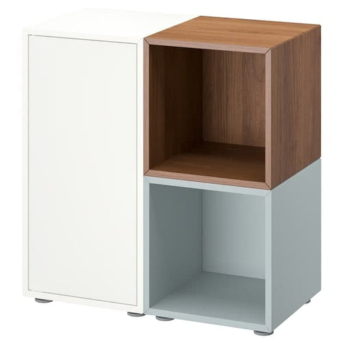EKET - Cabinet combination with feet, white/walnut effect light grey-blue, 70x35x72 cm