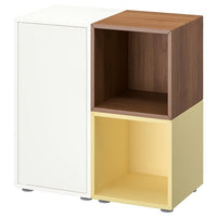 EKET cabinet combination with feet, white/walnut effect pale yellow, 70x35x72 cm