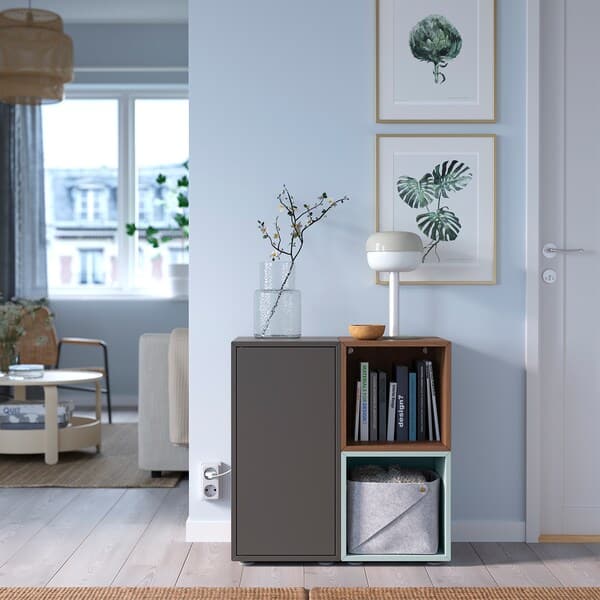 EKET - Cabinet combination with feet, dark grey/walnut effect light grey-blue, 70x35x72 cm - best price from Maltashopper.com 69521738