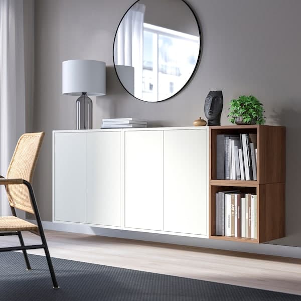 EKET - Wall-mounted cabinet combination, white/walnut effect, 175x35x70 cm - best price from Maltashopper.com 29492691