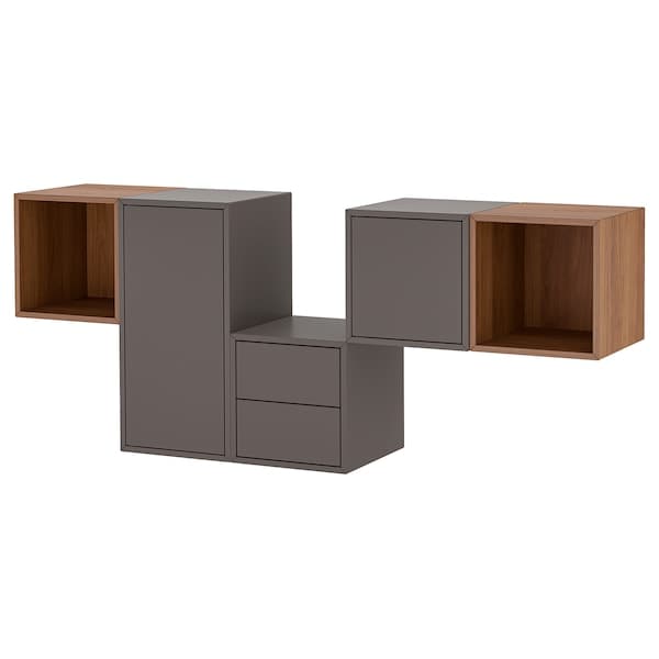 EKET - Wall-mounted cabinet combination, dark grey/walnut effect, 175x35x70 cm