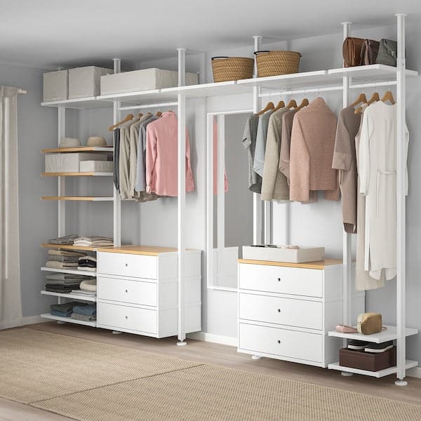 Ikea ELVARLI - Wardrobe combination, white/bamboo , 385x51x222-350 cm