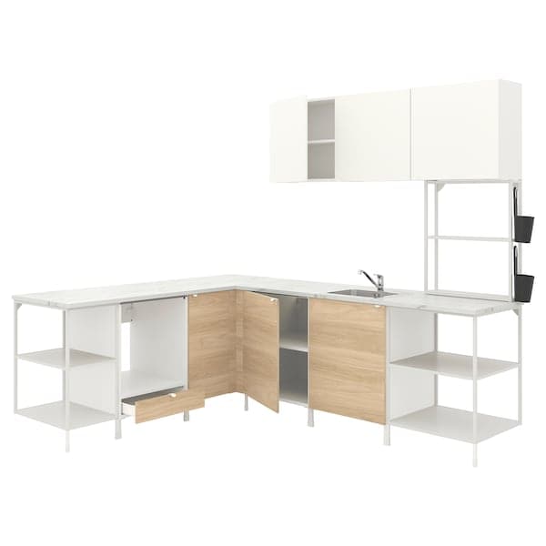 Ikea ENHET Corner kitchen - white/white oak effect ,